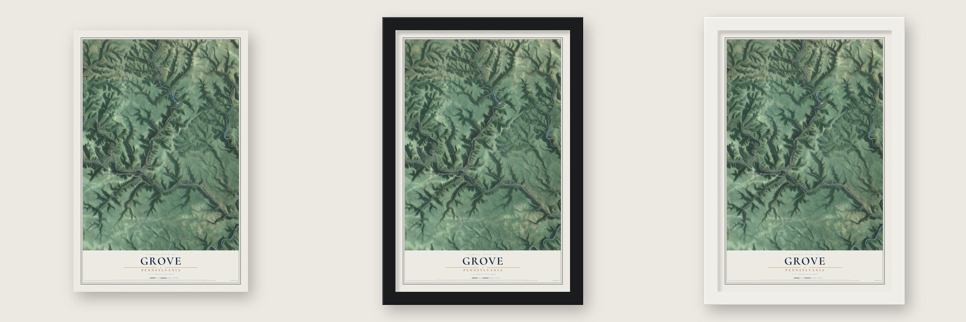 Grove, Pennsylvania map unframed, in a black wood frame and in a white wood frame