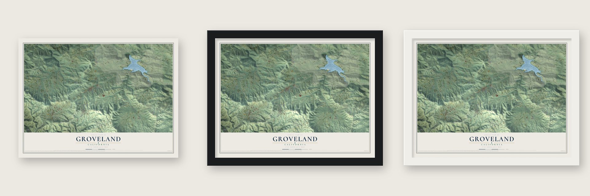 Groveland, California map unframed, in a black wood frame and in a white wood frame
