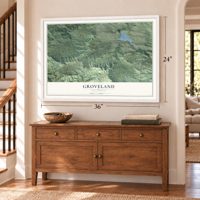 Groveland, California map, 24 x 36 inch print in a white frame above a dresser by a staircase