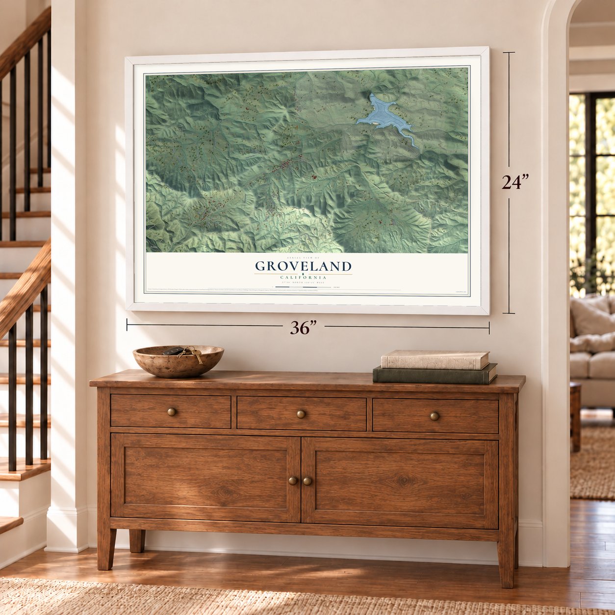 Groveland, California map, 24 x 36 inch print in a white frame above a dresser by a staircase
