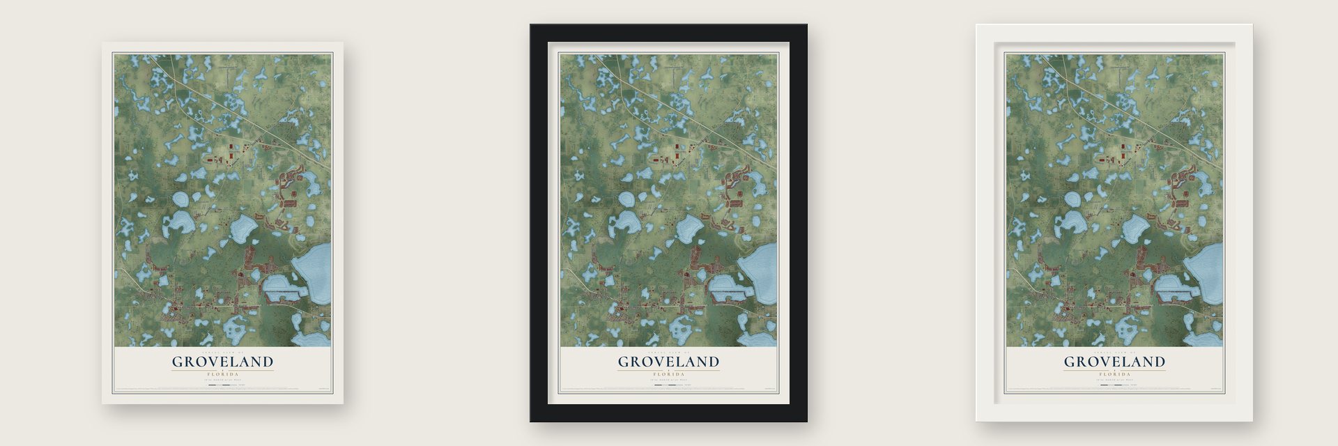 Groveland, Florida map unframed, in a black wood frame and in a white wood frame