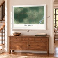 Groveland, Idaho map, 24 x 36 inch print in a white frame above a dresser by a staircase