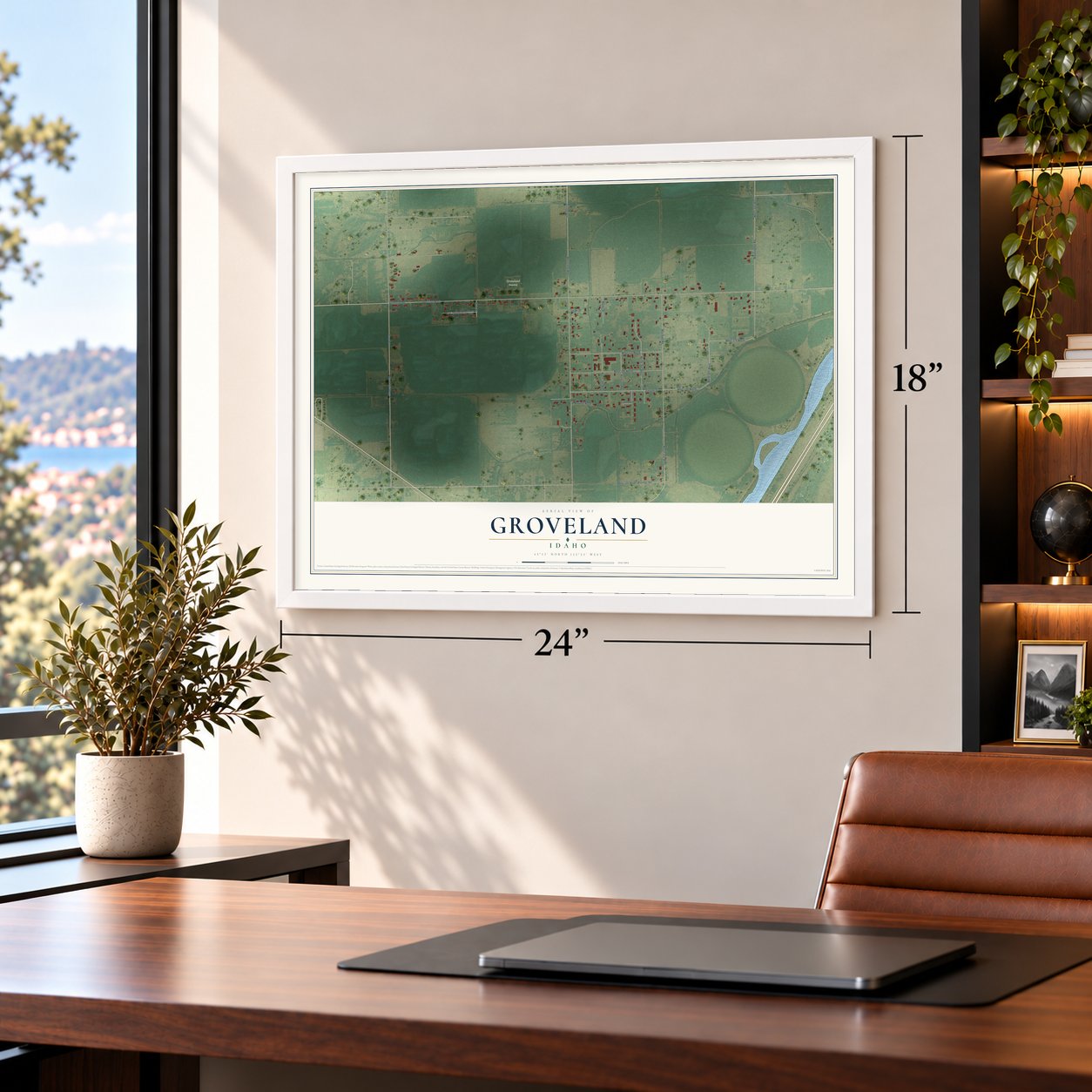 Groveland, Idaho map, 18 x 24 inch print in a white frame in a home office