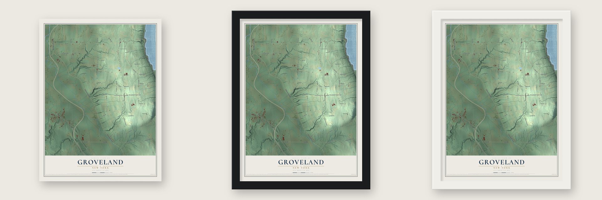 Groveland, New York map unframed, in a black wood frame and in a white wood frame