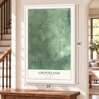 Groveland, New York map, 24 x 36 inch print in a white frame by a staircase