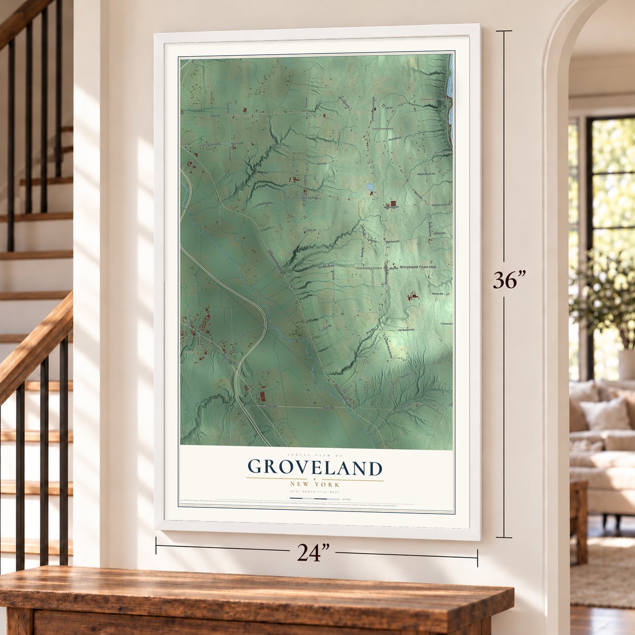 Groveland, New York map, 24 x 36 inch print in a white frame by a staircase