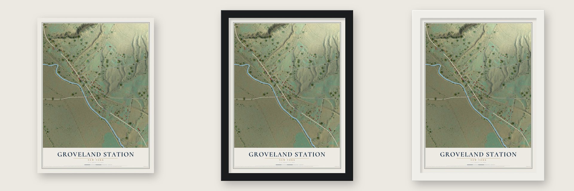 Groveland Station, New York map unframed, in a black wood frame and in a white wood frame