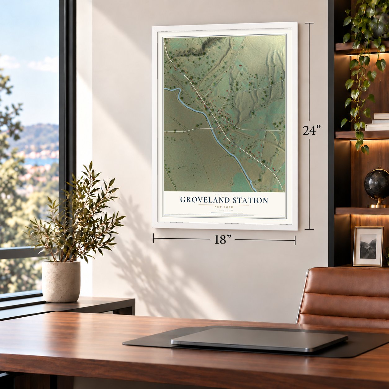 Groveland Station, New York map, 18 x 24 inch print in a white frame in a home office