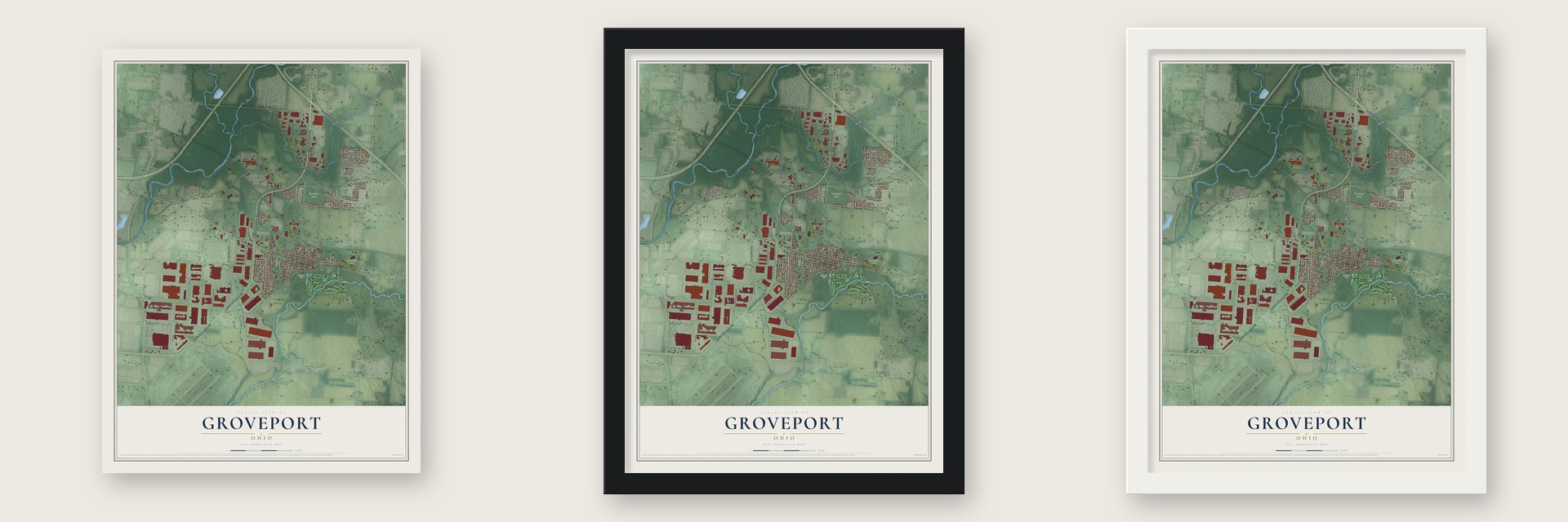 Groveport, Ohio map unframed, in a black wood frame and in a white wood frame