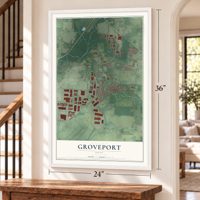 Groveport, Ohio map, 24 x 36 inch print in a white frame by a staircase