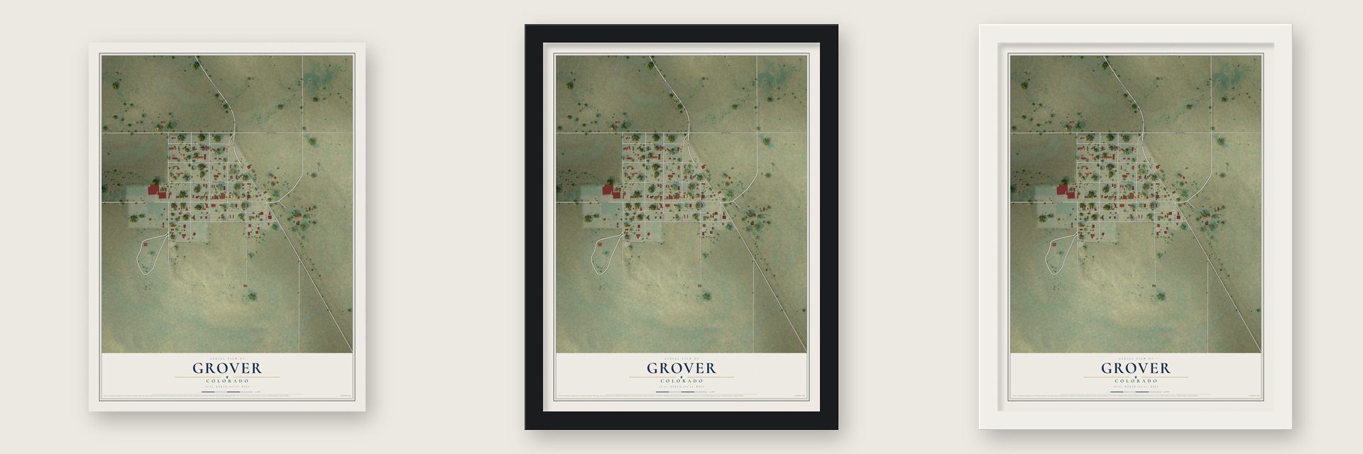 Grover, Colorado map unframed, in a black wood frame and in a white wood frame