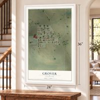 Grover, Colorado map, 24 x 36 inch print in a white frame by a staircase