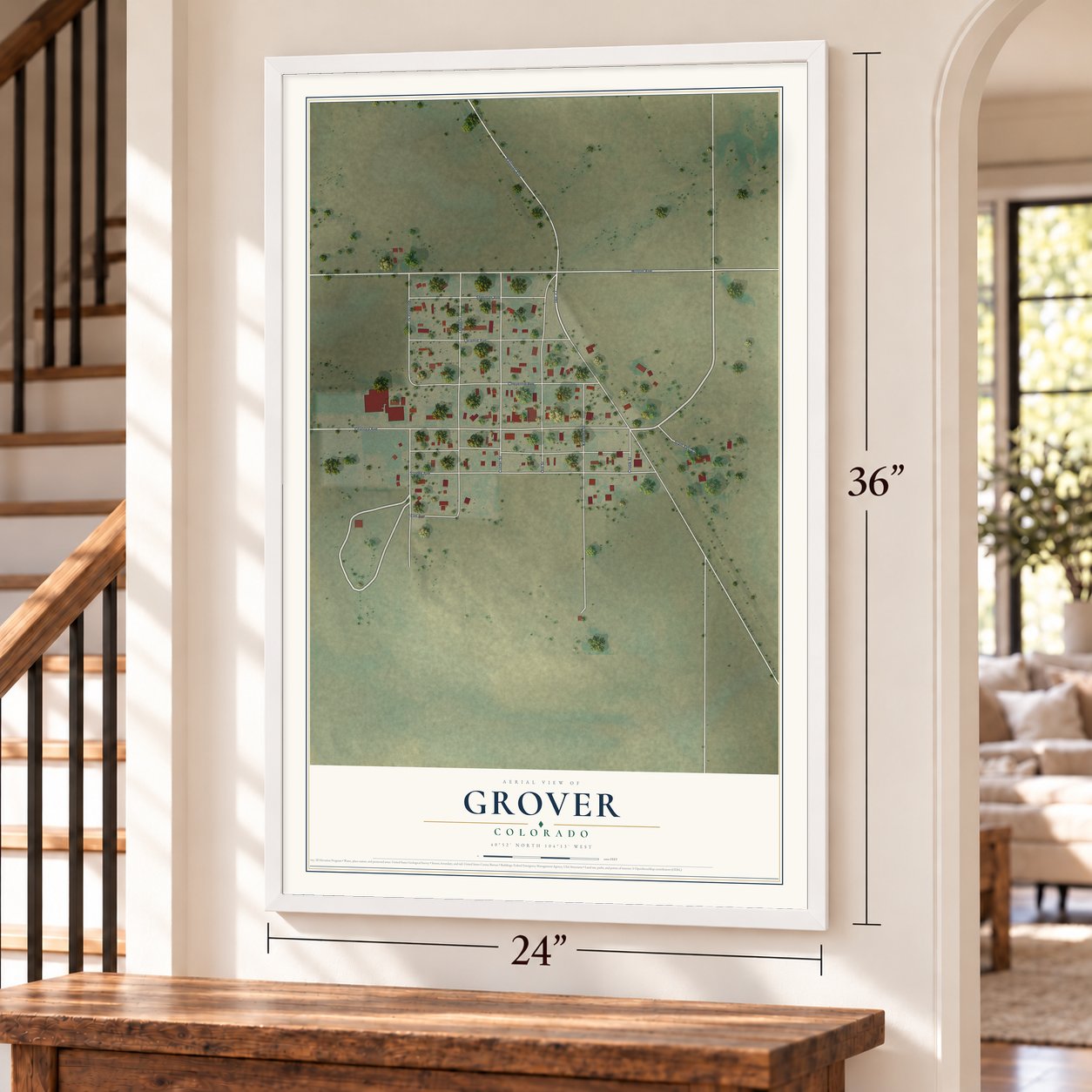 Grover, Colorado map, 24 x 36 inch print in a white frame by a staircase