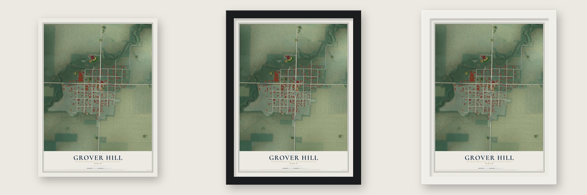 Grover Hill, Ohio map unframed, in a black wood frame and in a white wood frame