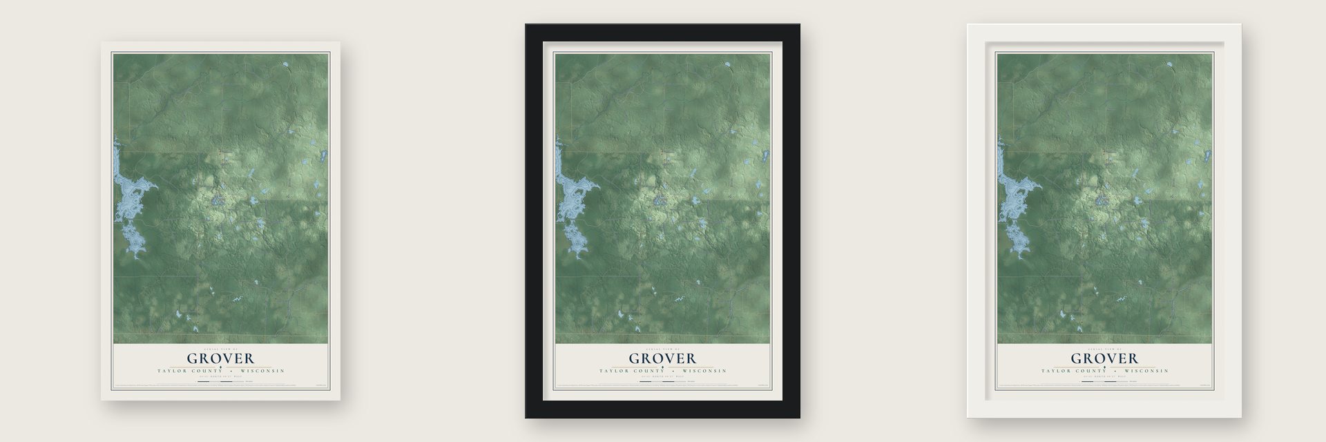 Grover, Taylor County, Wisconsin map unframed, in a black wood frame and in a white wood frame