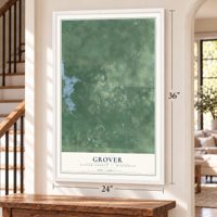 Grover, Taylor County, Wisconsin map, 24 x 36 inch print in a white frame by a staircase