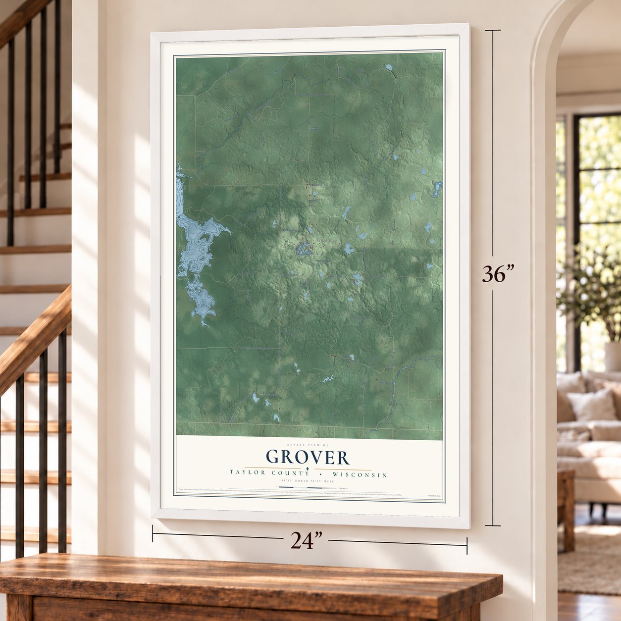 Grover, Taylor County, Wisconsin map, 24 x 36 inch print in a white frame by a staircase