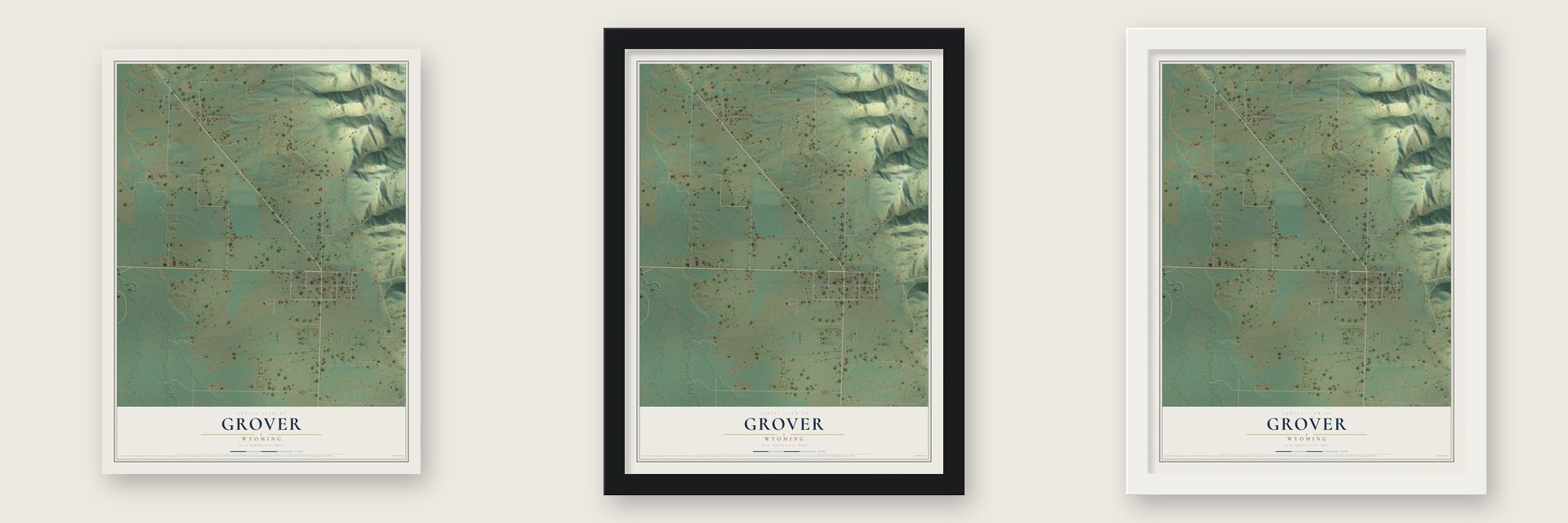 Grover, Wyoming map unframed, in a black wood frame and in a white wood frame