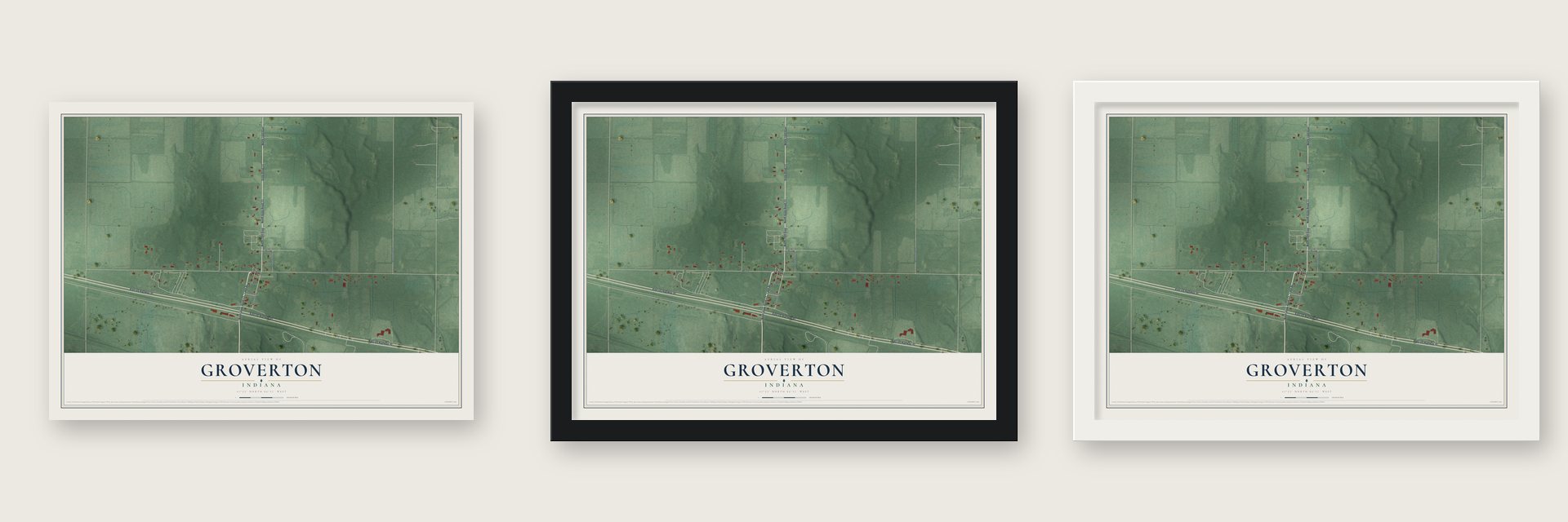 Groverton, Indiana map unframed, in a black wood frame and in a white wood frame