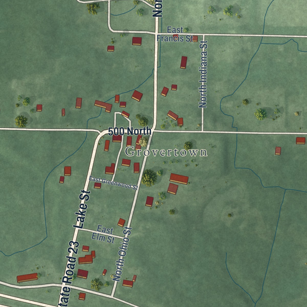 Second close-up of the map of Groverton, Indiana print showing more streets and buildings