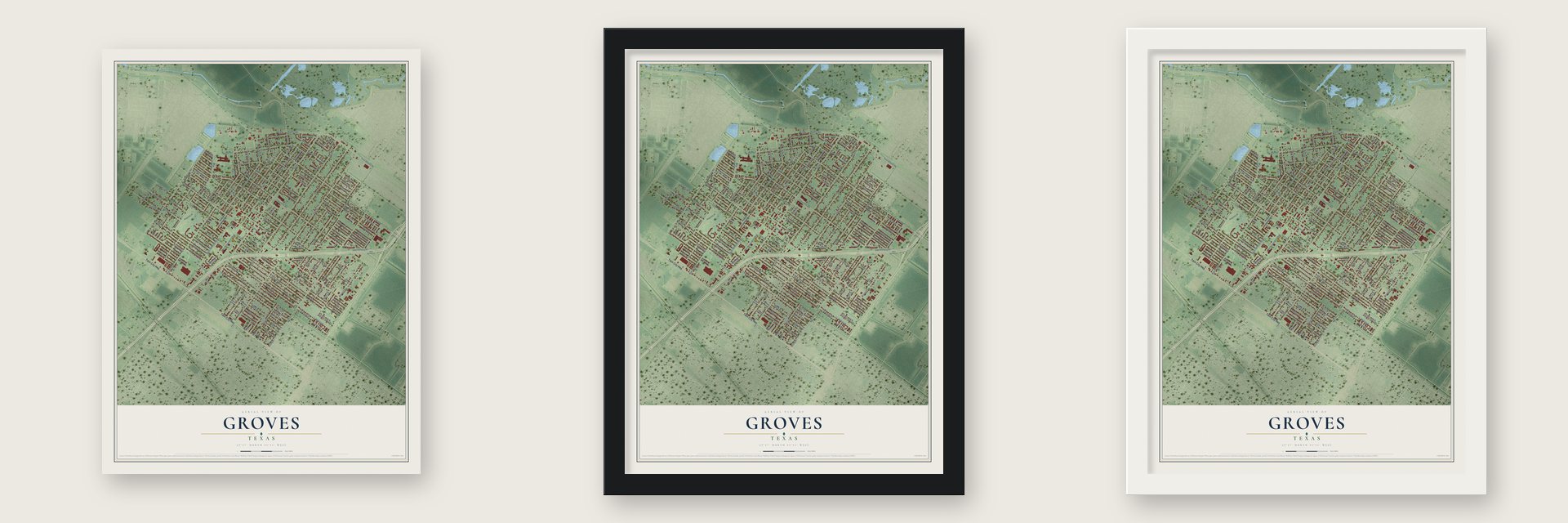 Groves, Texas map unframed, in a black wood frame and in a white wood frame