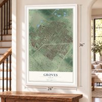 Groves, Texas map, 24 x 36 inch print in a white frame by a staircase