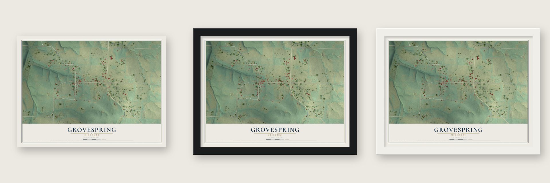 Grovespring, Missouri map unframed, in a black wood frame and in a white wood frame