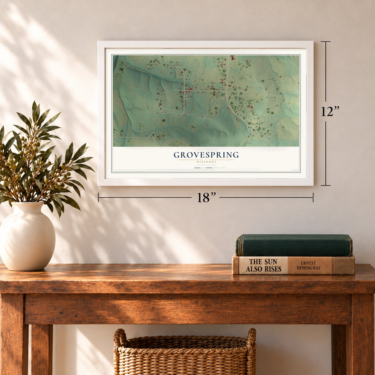 Grovespring, Missouri map, 12 x 18 inch print in a white frame in an entryway