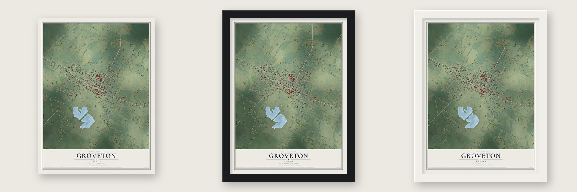 Groveton, Texas map unframed, in a black wood frame and in a white wood frame