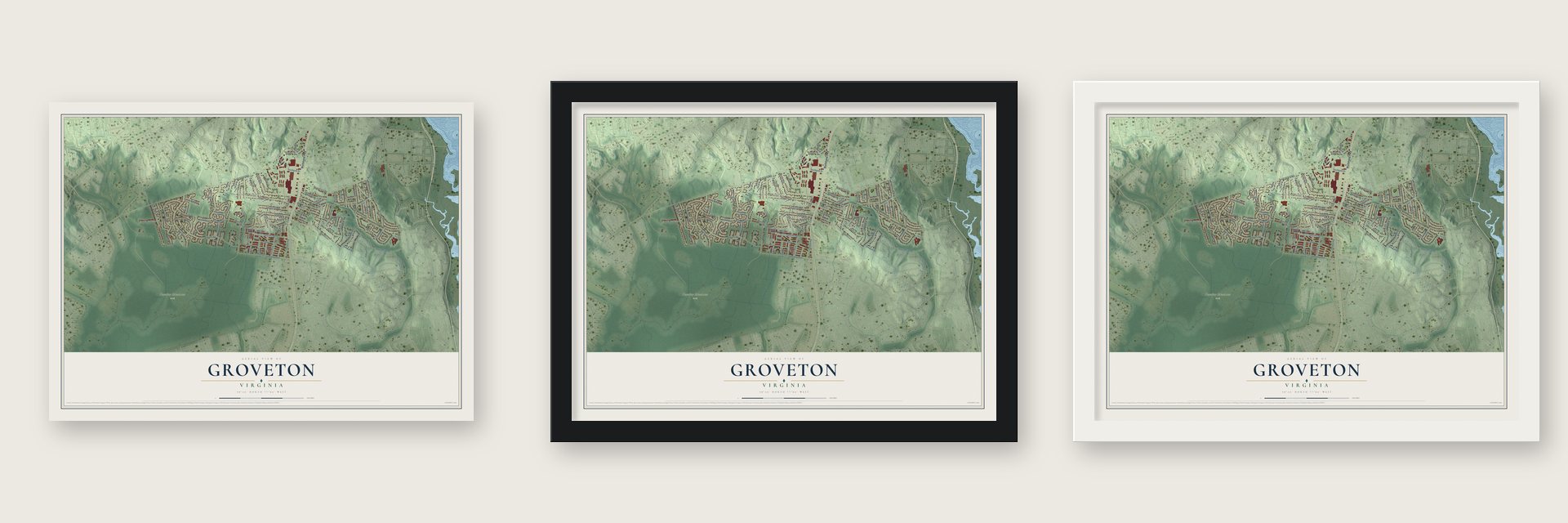 Groveton, Virginia map unframed, in a black wood frame and in a white wood frame