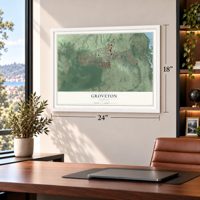 Groveton, Virginia map, 18 x 24 inch print in a white frame in a home office