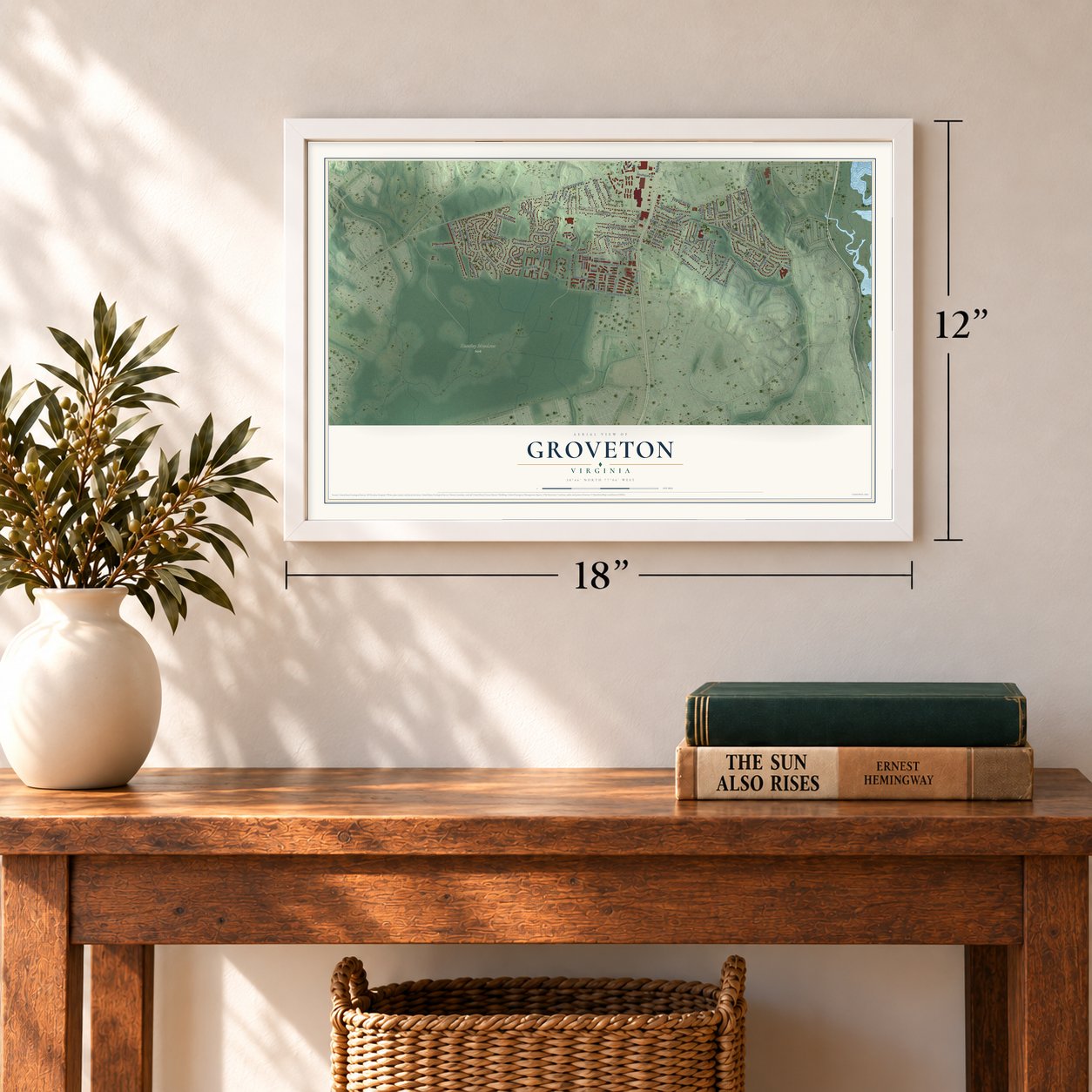 Groveton, Virginia map, 12 x 18 inch print in a white frame in an entryway