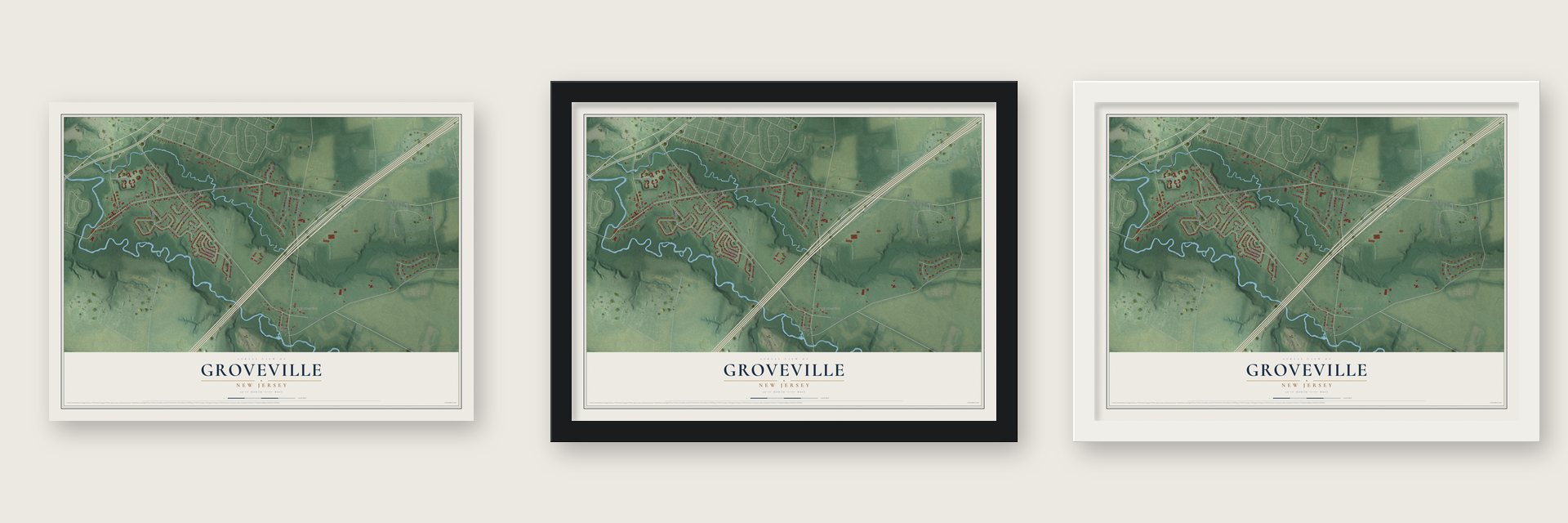 Groveville, New Jersey map unframed, in a black wood frame and in a white wood frame