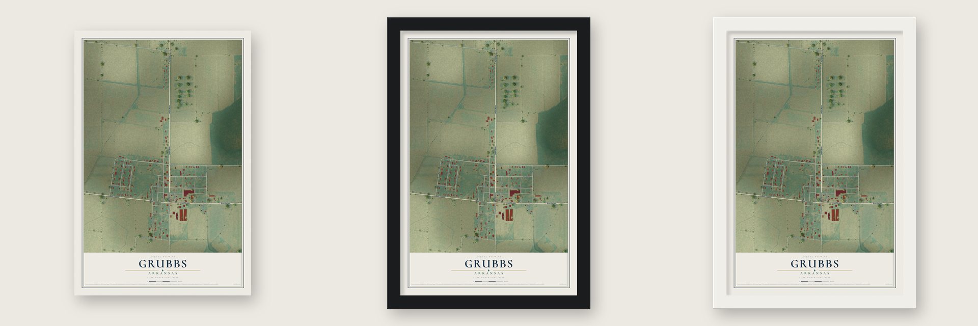 Grubbs, Arkansas map unframed, in a black wood frame and in a white wood frame