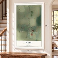 Grubbs, Arkansas map, 24 x 36 inch print in a white frame by a staircase