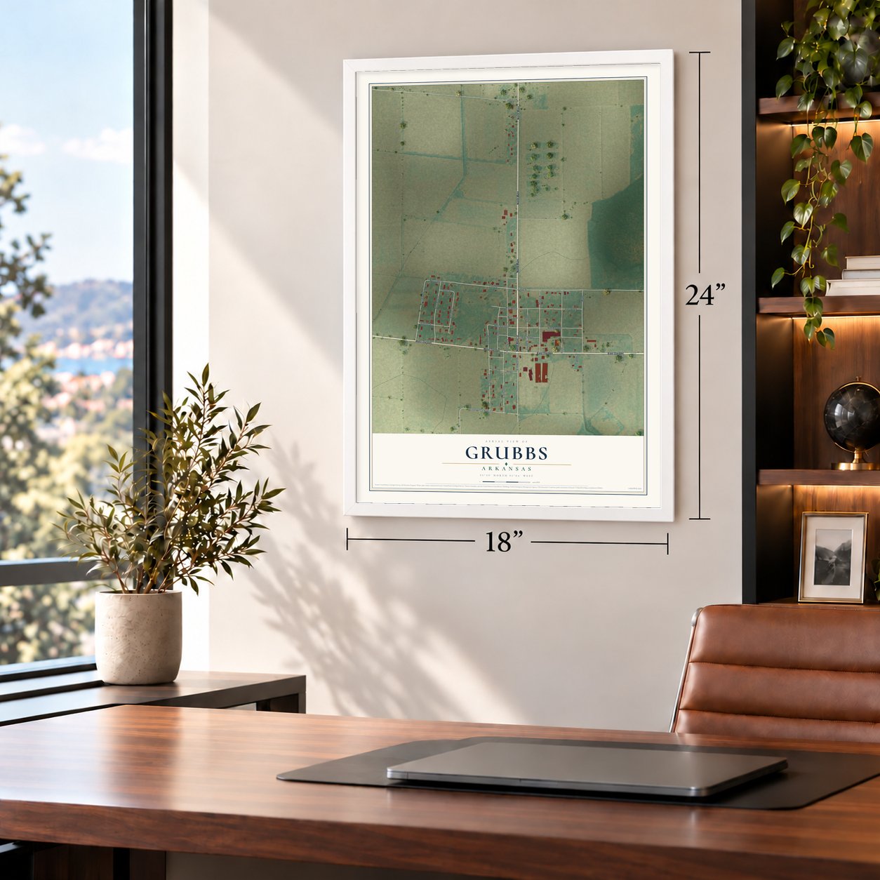 Grubbs, Arkansas map, 18 x 24 inch print in a white frame in a home office