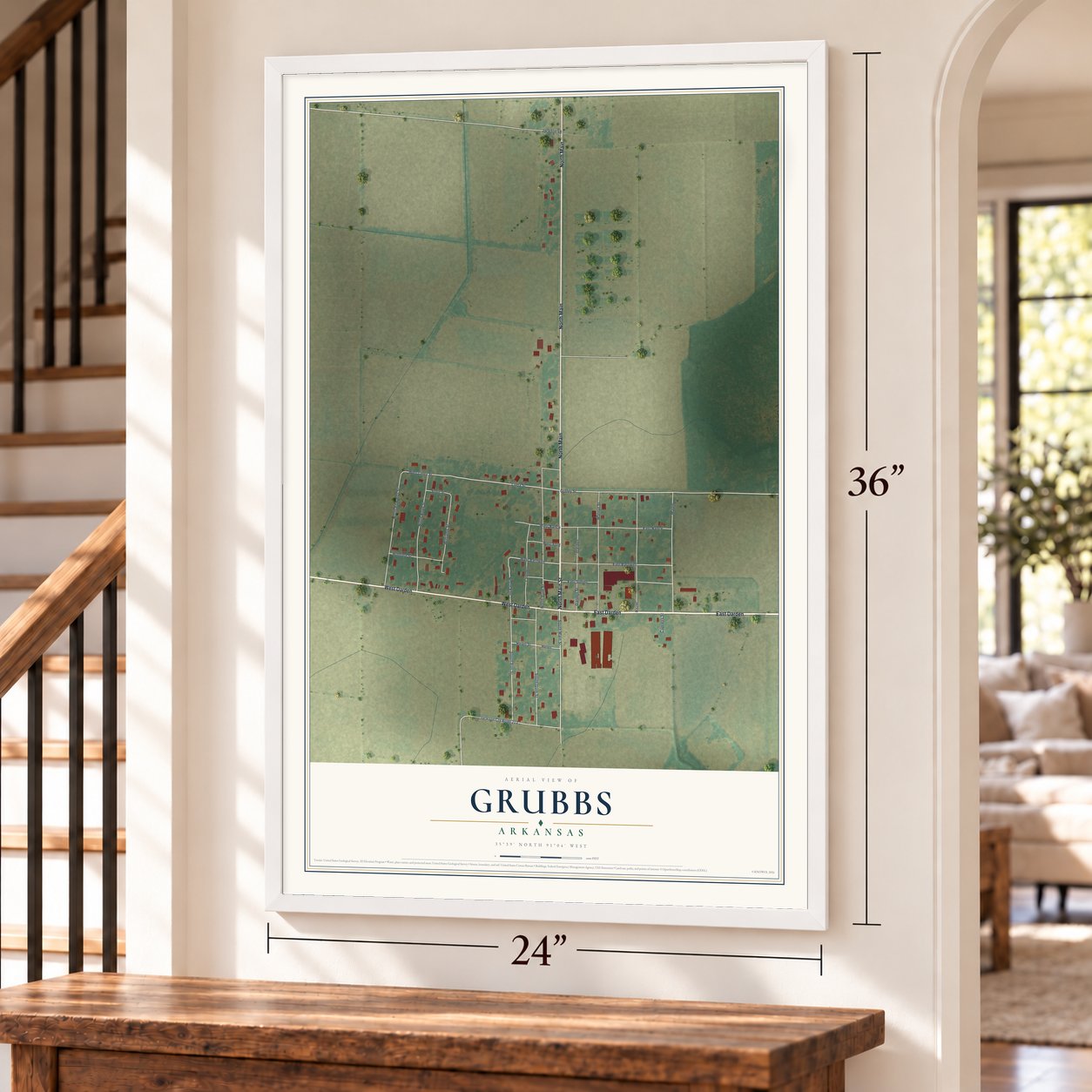 Grubbs, Arkansas map, 24 x 36 inch print in a white frame by a staircase