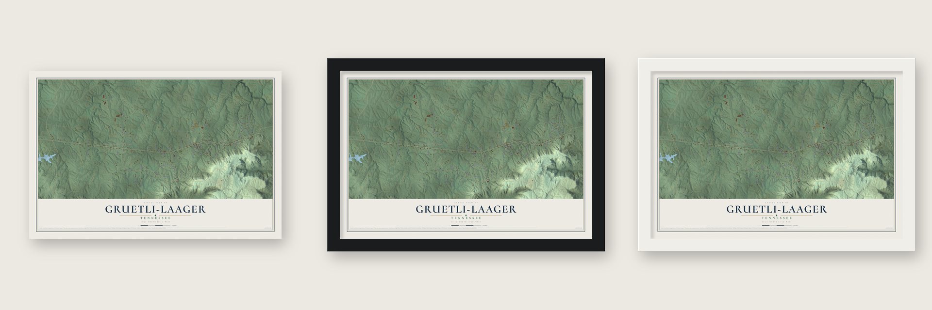 Gruetli-Laager, Tennessee map unframed, in a black wood frame and in a white wood frame