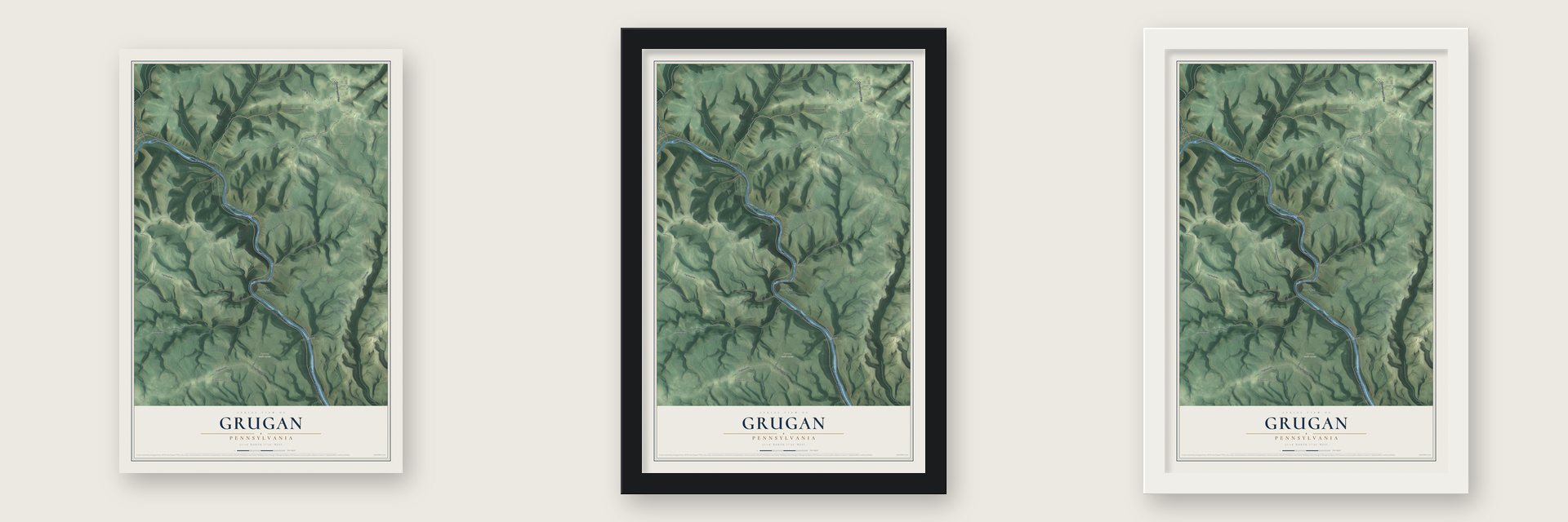 Grugan, Pennsylvania map unframed, in a black wood frame and in a white wood frame