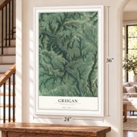 Grugan, Pennsylvania map, 24 x 36 inch print in a white frame by a staircase