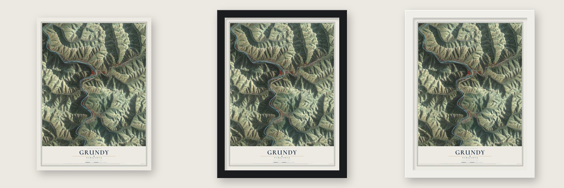 Grundy, Virginia map unframed, in a black wood frame and in a white wood frame