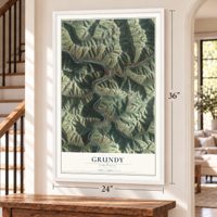 Grundy, Virginia map, 24 x 36 inch print in a white frame by a staircase