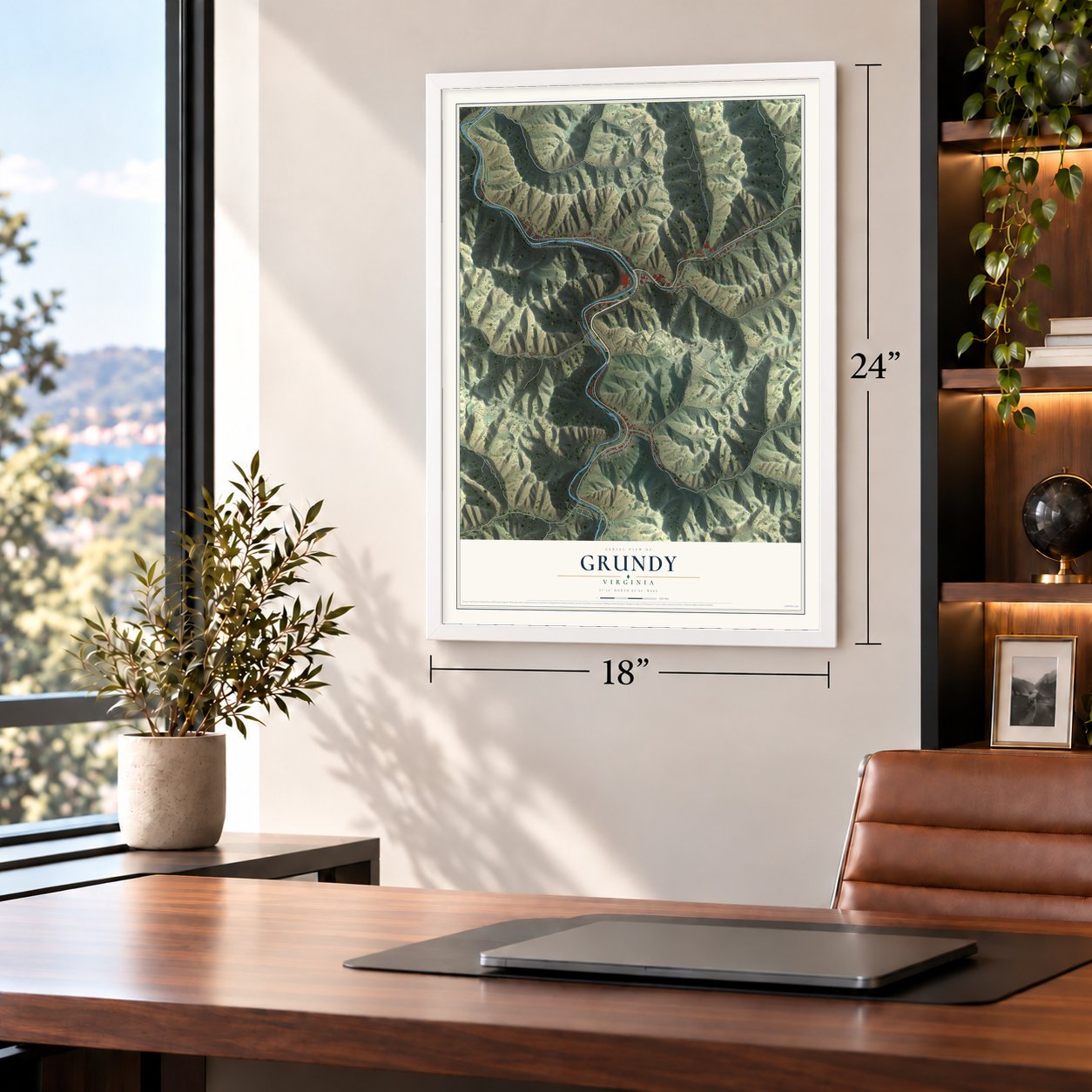 Grundy, Virginia map, 18 x 24 inch print in a white frame in a home office