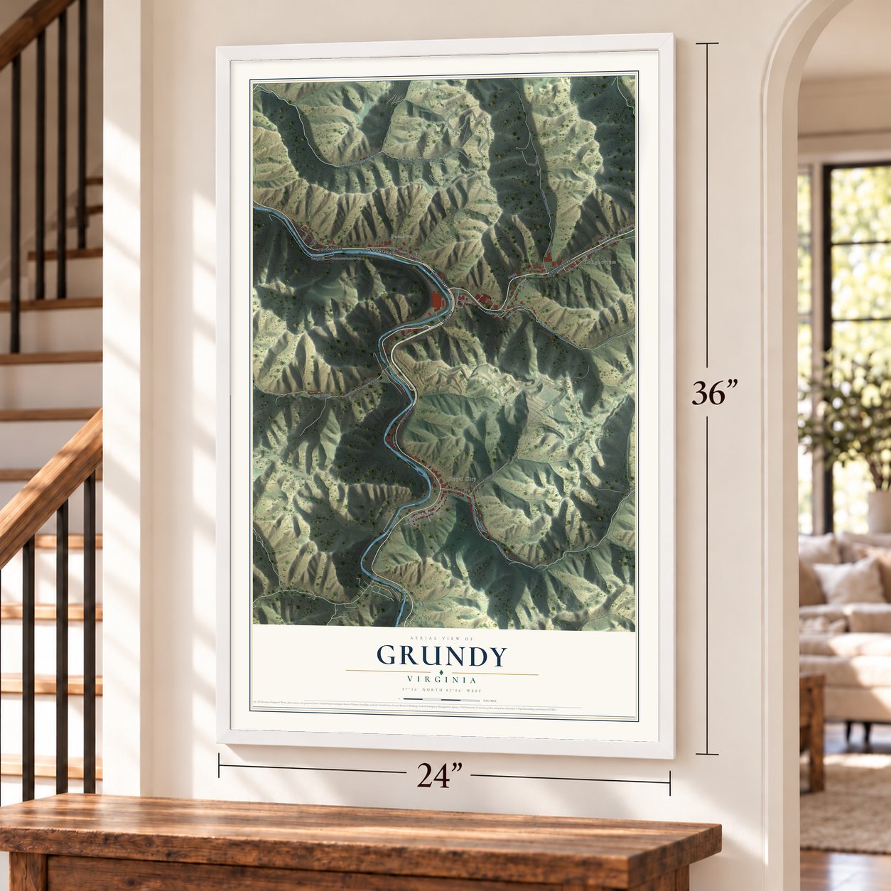 Grundy, Virginia map, 24 x 36 inch print in a white frame by a staircase
