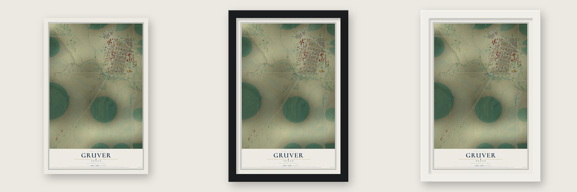 Gruver, Texas map unframed, in a black wood frame and in a white wood frame