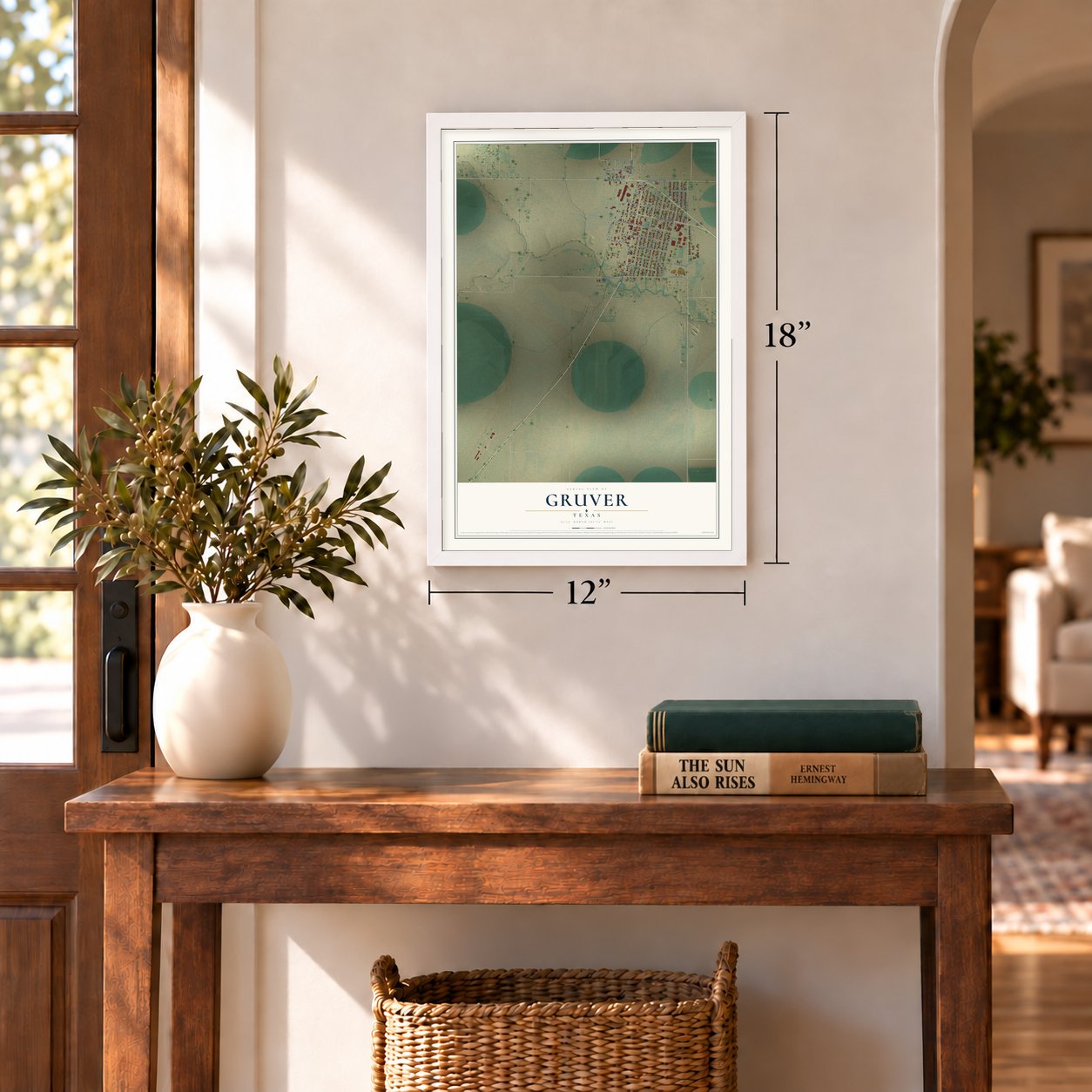 Gruver, Texas map, 12 x 18 inch print in a white frame in an entryway