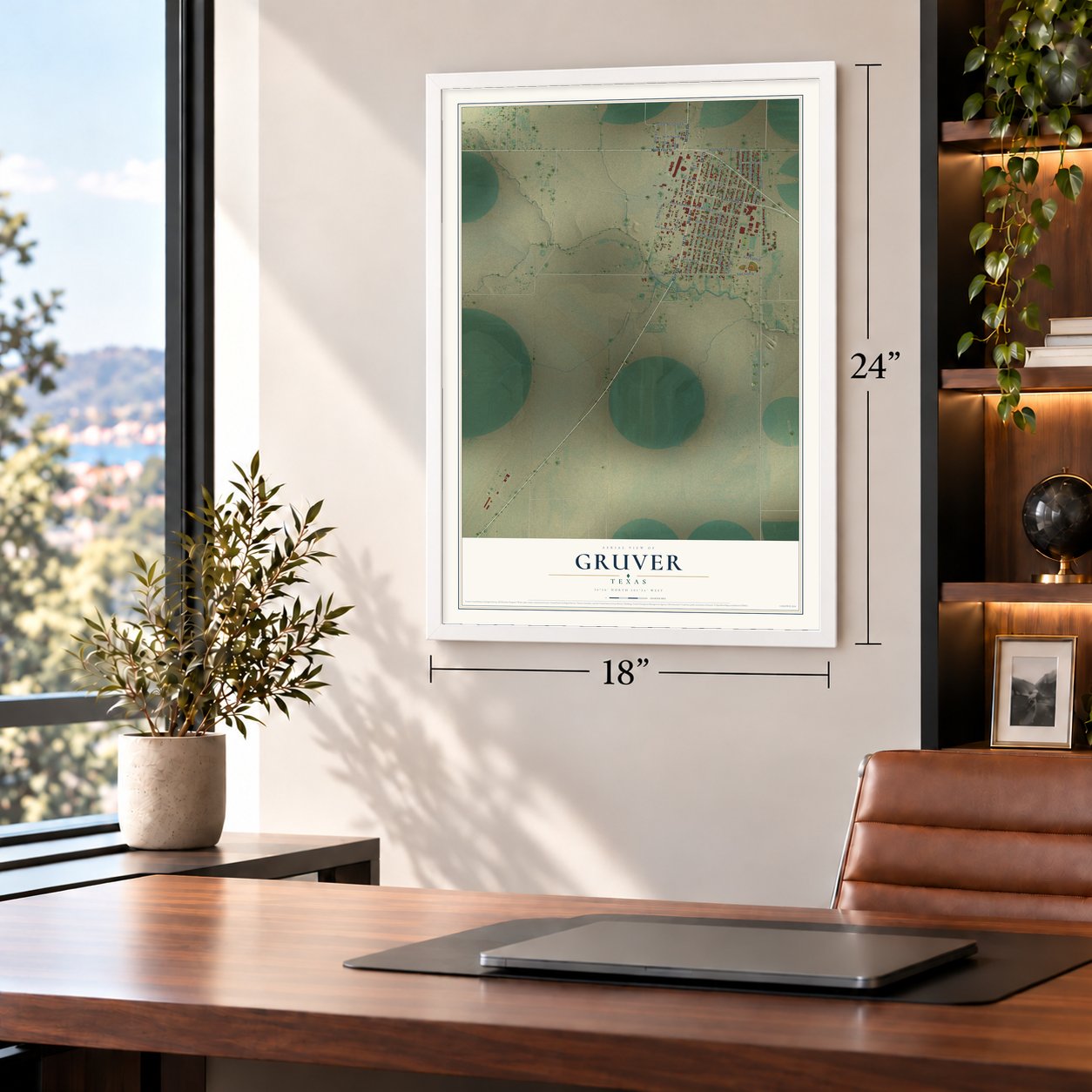 Gruver, Texas map, 18 x 24 inch print in a white frame in a home office
