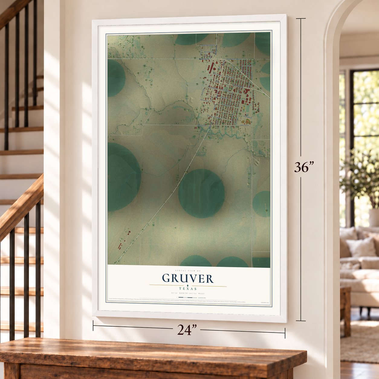 Gruver, Texas map, 24 x 36 inch print in a white frame by a staircase