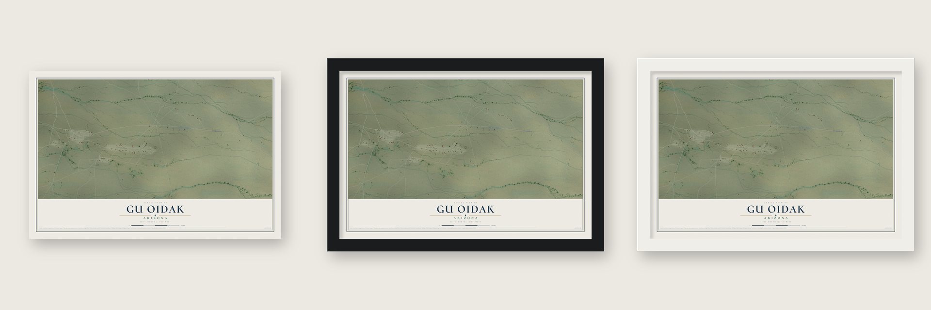 Gu Oidak, Arizona map unframed, in a black wood frame and in a white wood frame