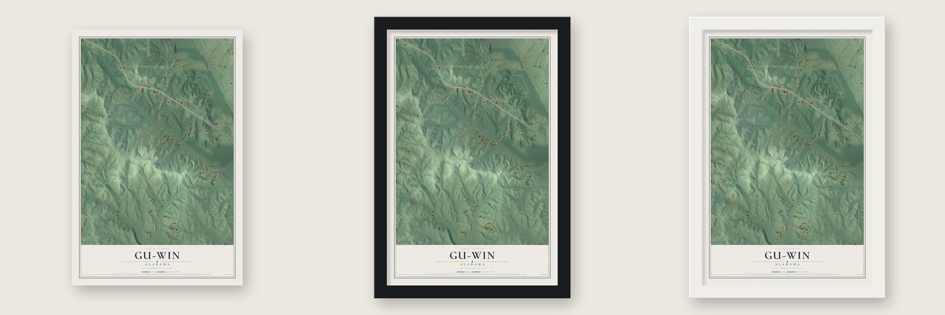 Gu-Win, Alabama map unframed, in a black wood frame and in a white wood frame